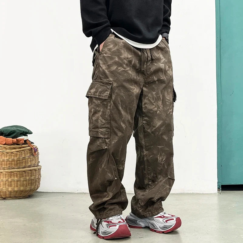 American Tactical Cargo Pants Men Premium 100% Cotton Distressed Tie Dye Straight Leg Loose Fit Multi Pocket Heavy Duty Casual