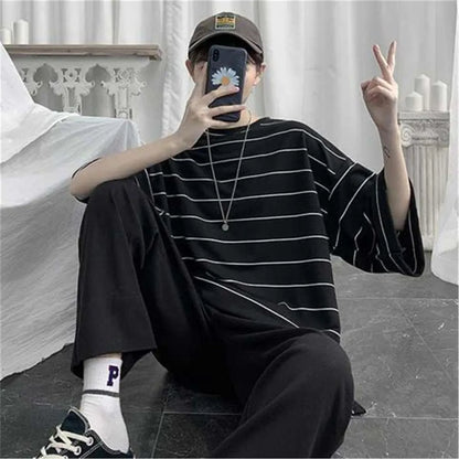 2026 Summer Oversized T-Shirt Men Funny Harajuku Tshirt Streetwear Femme Striped Japan Hip Hop Loose Half Sleeve T Shirts Male