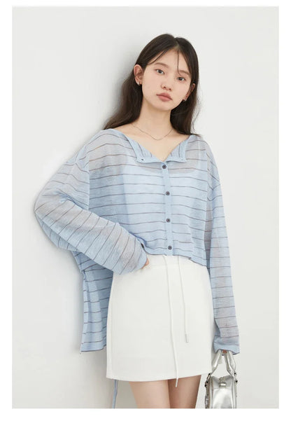 Korean Women T-Shirts Loose Casual New Striped Long Sleeve Sunscreen Shirt Designed Female Tees Summer 2025