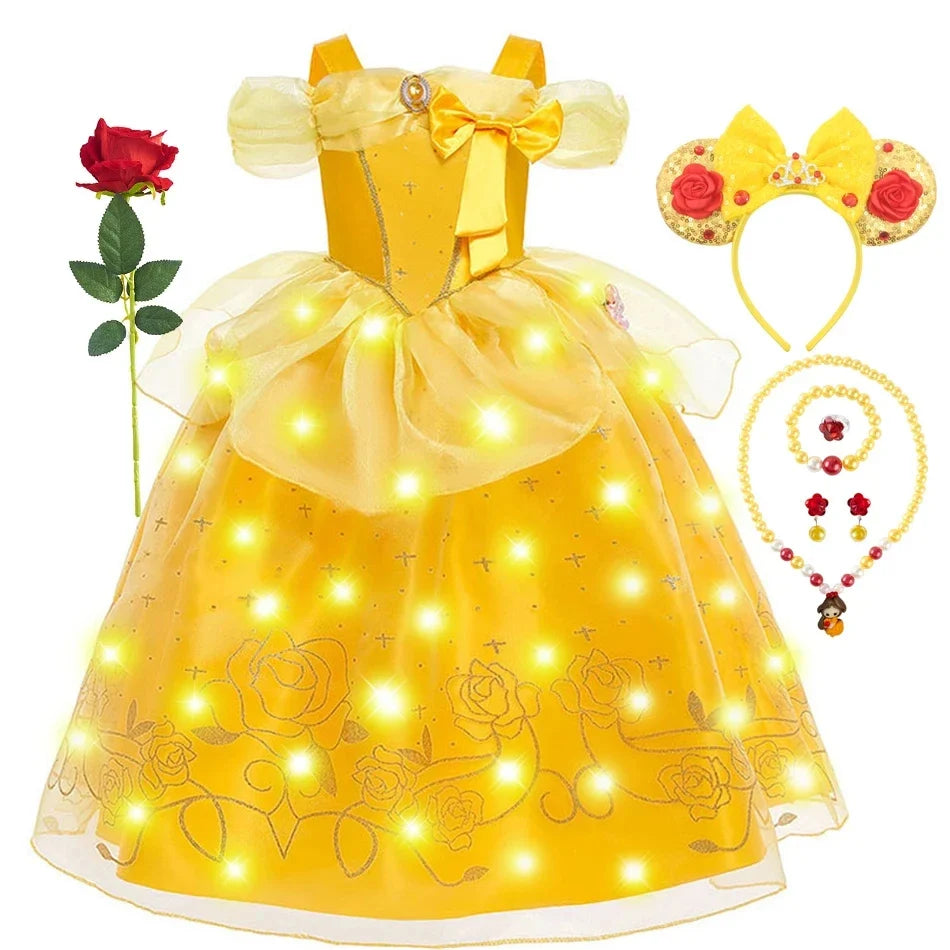 Beauty Belle Princess Cosplay Dress Girl Yellow Floral Off Shoulder Mesh Kid LED Light Halloween Costume Birthday Surprise Gift
