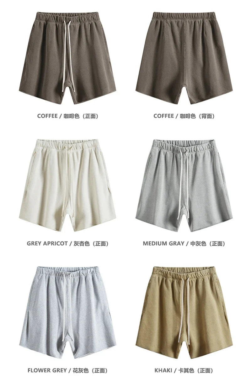 New Summer Men Retro Washed Shorts Unisex Drawstring Loose Edge 420gsm Solid Knee Length Cotton Pants Streetwears HY0589