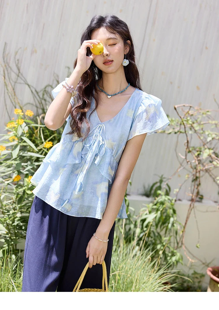Blue Double-layer Ruffled Linen V-neck Blouse for Women Summer 2025 Slim Flying Sleeve Breathable Lace-up Tops MXE33X1819