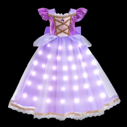 Girl Elsa Anna Princess Dress with LED Light Up Costume for Kids Cosplay Party Clothes Rapunzel Aurora Outfit Carnival Prom Gown