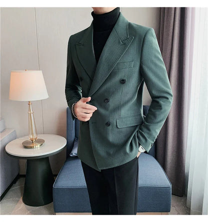 Classic Luxury Striped Men Suit Jacket Fashion Double Breasted Business Office Wedding Tuxedos Male High Quality Slim Fit Blazer