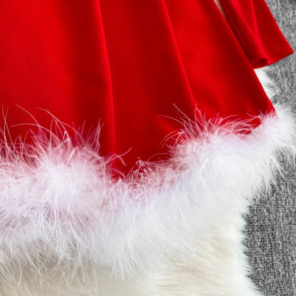 Women's Christmas Dress Sexy Low-cut Waist Thin Big Pendulum Fluffy Splicing Suspender Tube Ling Dress Red