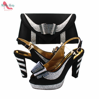 2021 Specials Design Black Color Nigerian Women Shoes and Bag Set High Quality Slingback Sandals with Appliques for Wedding