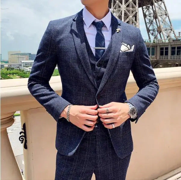 Coffee Brown Men Striped Plaid 3-Piece, Dark Blue Wedding Party Slim Fit Blazers Jacket and Vest with Pants, Asian Size M-5XL