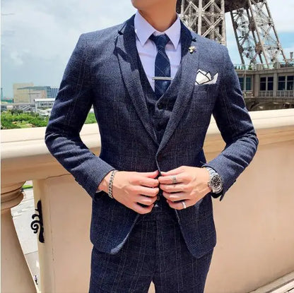 Coffee Brown Men Striped Plaid 3-Piece, Dark Blue Wedding Party Slim Fit Blazers Jacket and Vest with Pants, Asian Size M-5XL