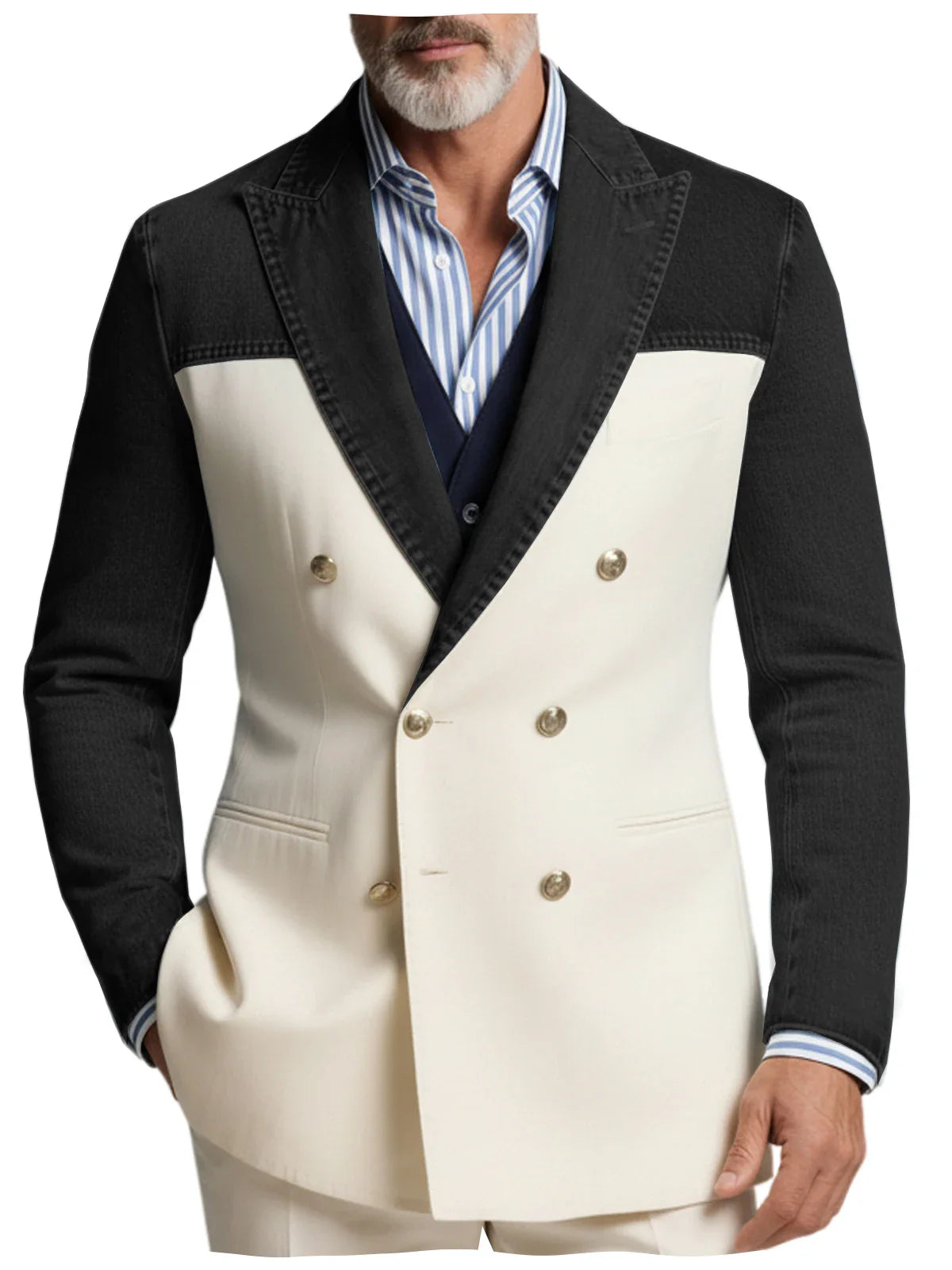 Men's Blazer Denim Sleeve Patchwork Double Breasted Suits Coats Casual Business Fashion Jacket for Spring Autumn Wedding Party