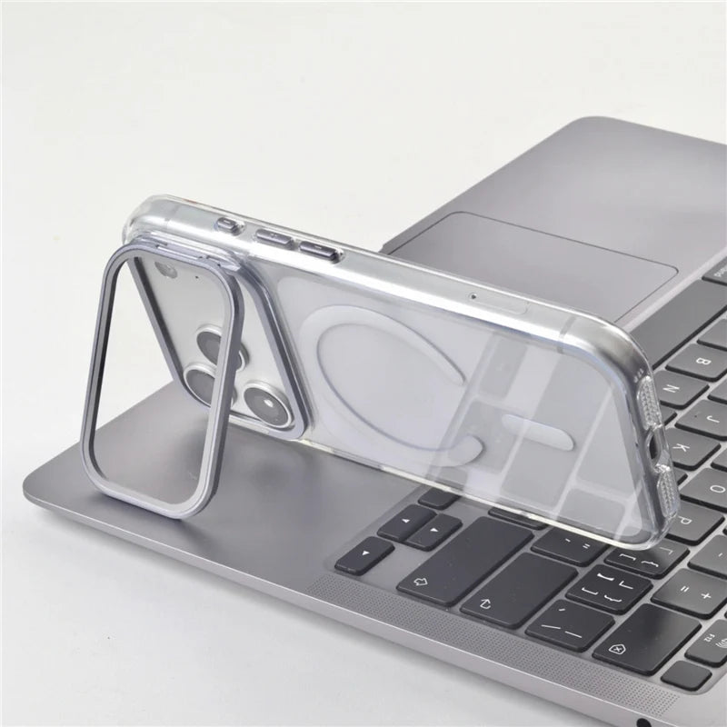 For Magsafe Folding Lens Holder Clear Magnetic Case For iPhone 17Pro Max 15 16Pro 17 With Camera Tempered Glass Hard Back Cover