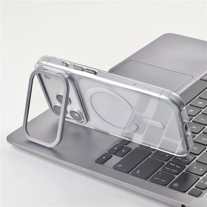 For Magsafe Folding Lens Holder Clear Magnetic Case For iPhone 17Pro Max 15 16Pro 17 With Camera Tempered Glass Hard Back Cover