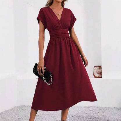 Dresses 2025 Woman Summer Solid-Color V-Neck Batwing-Sleeve Pleated Long Elegant Dress Woman Clothing Tops Skirts Y2k Clothes