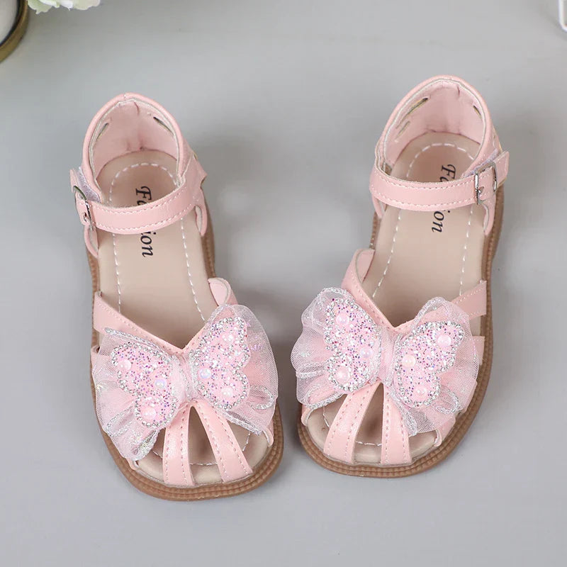 Shine Children Sandals for Girls Butterfly Cute Designer Kids Shoes Peep-toe Korean Style 2023 Summer New Soft Breatheable Chic