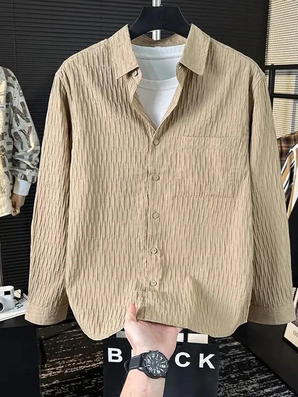 Casual Ice Silk Bubble Men's Anti-Wrinkle Summer Loose Fashionable Long Sleeve Shirt Urban Style Flip Collar Button Closure