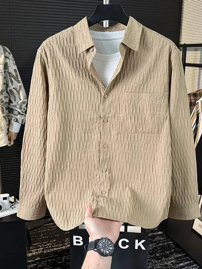 Casual Ice Silk Bubble Men's Anti-Wrinkle Summer Loose Fashionable Long Sleeve Shirt Urban Style Flip Collar Button Closure