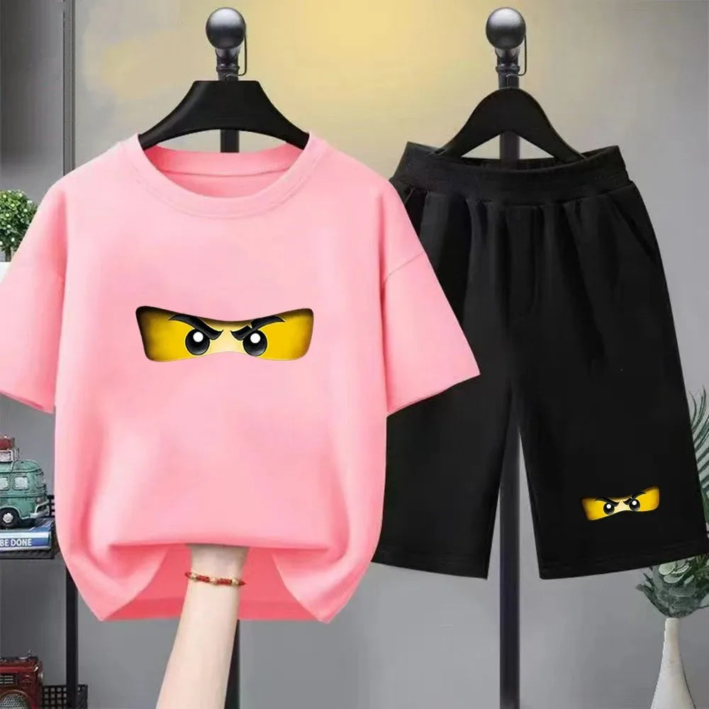 Summer T-Shirt Boyand Girls red Casual TShirt+Shorts Sets ninja Printed Kids Outfits Teen Children's Short Sleeve Tops