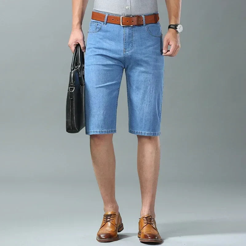 New Summer Men's Denim Shorts Fashion Light Color Casual Loose Multi-pocket Straight Five-minute Pants Elastic Knee Shorts