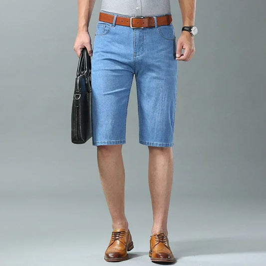 New Summer Men's Denim Shorts Fashion Light Color Casual Loose Multi-pocket Straight Five-minute Pants Elastic Knee Shorts