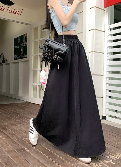 Chic Women Pockets A-Line Long Skirts Ladies Casual Loose Elastic High Waist Midi Skirt 2024 Spring Summer