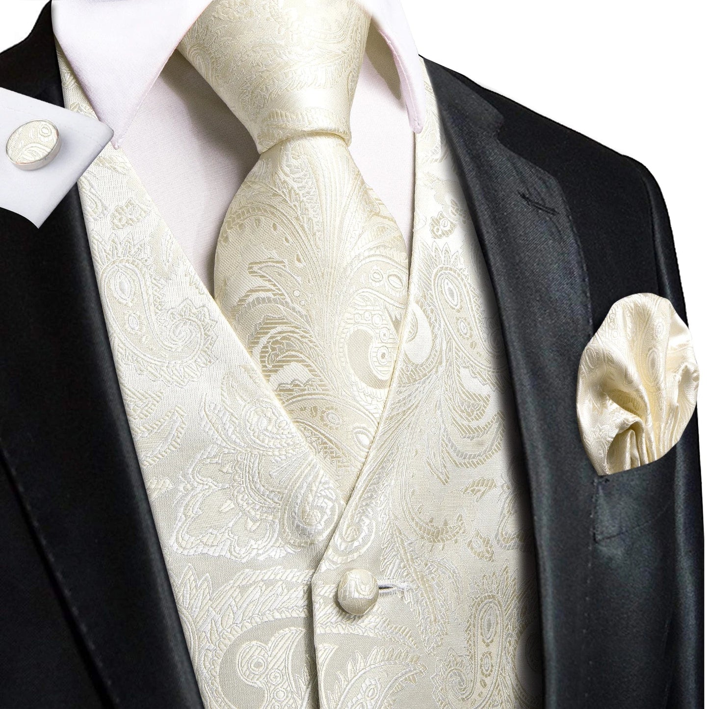 Designer Beige Champagne Ivory Khaki Mens Vest Necktie Set Jacquard Waistcoat Jacket Tie Hankerchief Cufflinks for Men Gift