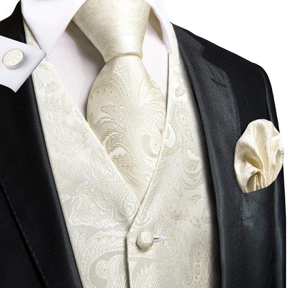 Designer Beige Champagne Ivory Khaki Mens Vest Necktie Set Jacquard Waistcoat Jacket Tie Hankerchief Cufflinks for Men Gift