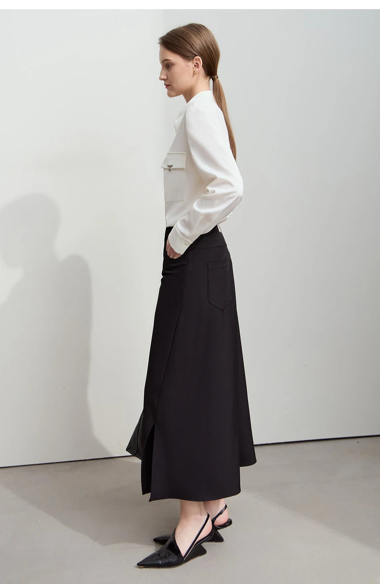 Minimalist Autumn New Commuter Asymmetrical Oblique Placket Split Skirt Non Ironing Anti Wrinkle A Shape Skirt 12551003
