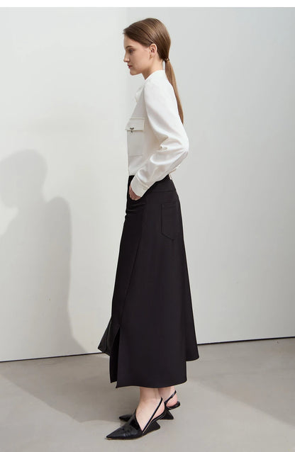 Minimalist Autumn New Commuter Asymmetrical Oblique Placket Split Skirt Non Ironing Anti Wrinkle A Shape Skirt 12551003