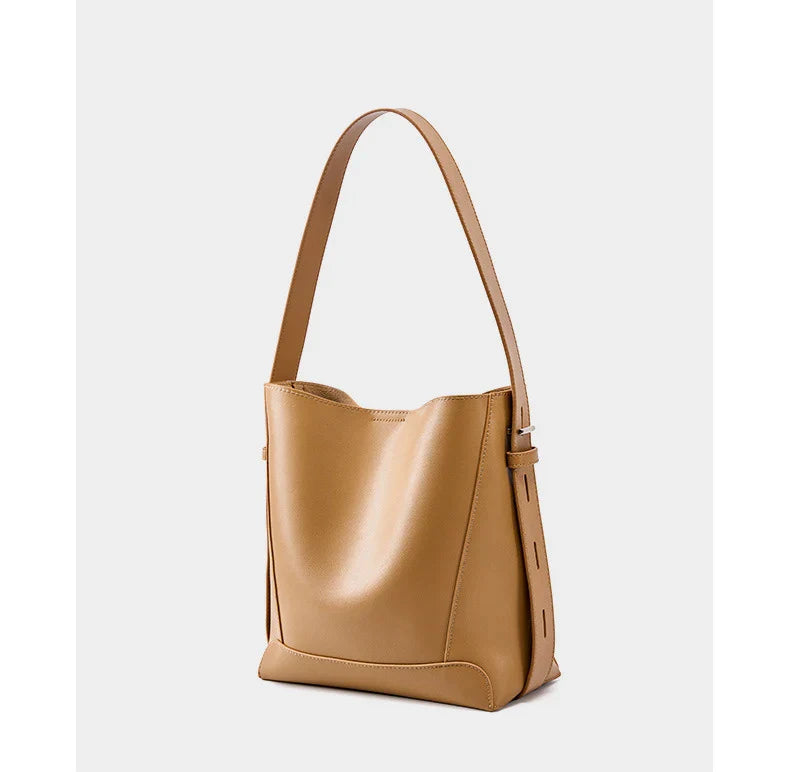 Ladies' Split Leather Bucket Shoulder Bags Female Commute Shopping Messenger Bags Adjustable Shoulder Strap Women Casual Handbag