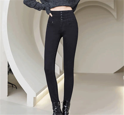 Button Fly Jeans High Waist Front for Women Tummy Control Stretch Denim Black Petite XS - 4XL Dress Pants With Pocket