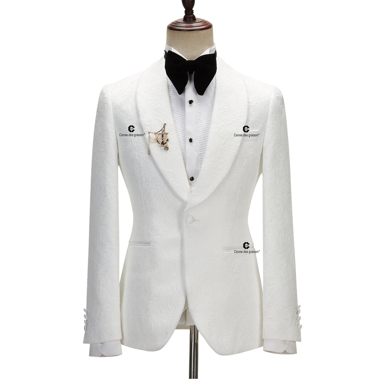 2023 Men's Suit for Wedding Ivory Paisley Jacket Tuxedo Black Pants with Satin Side Stripe Slim Fit Shawl Lapel