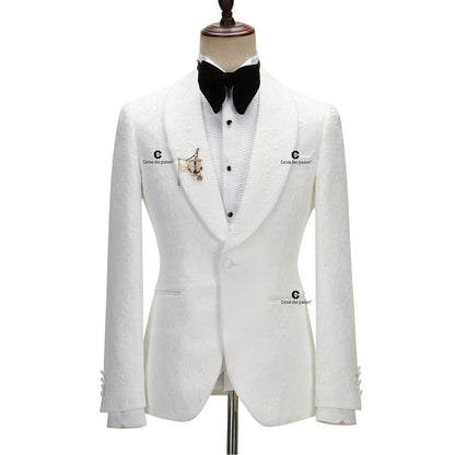 2023 Men's Suit for Wedding Ivory Paisley Jacket Tuxedo Black Pants with Satin Side Stripe Slim Fit Shawl Lapel