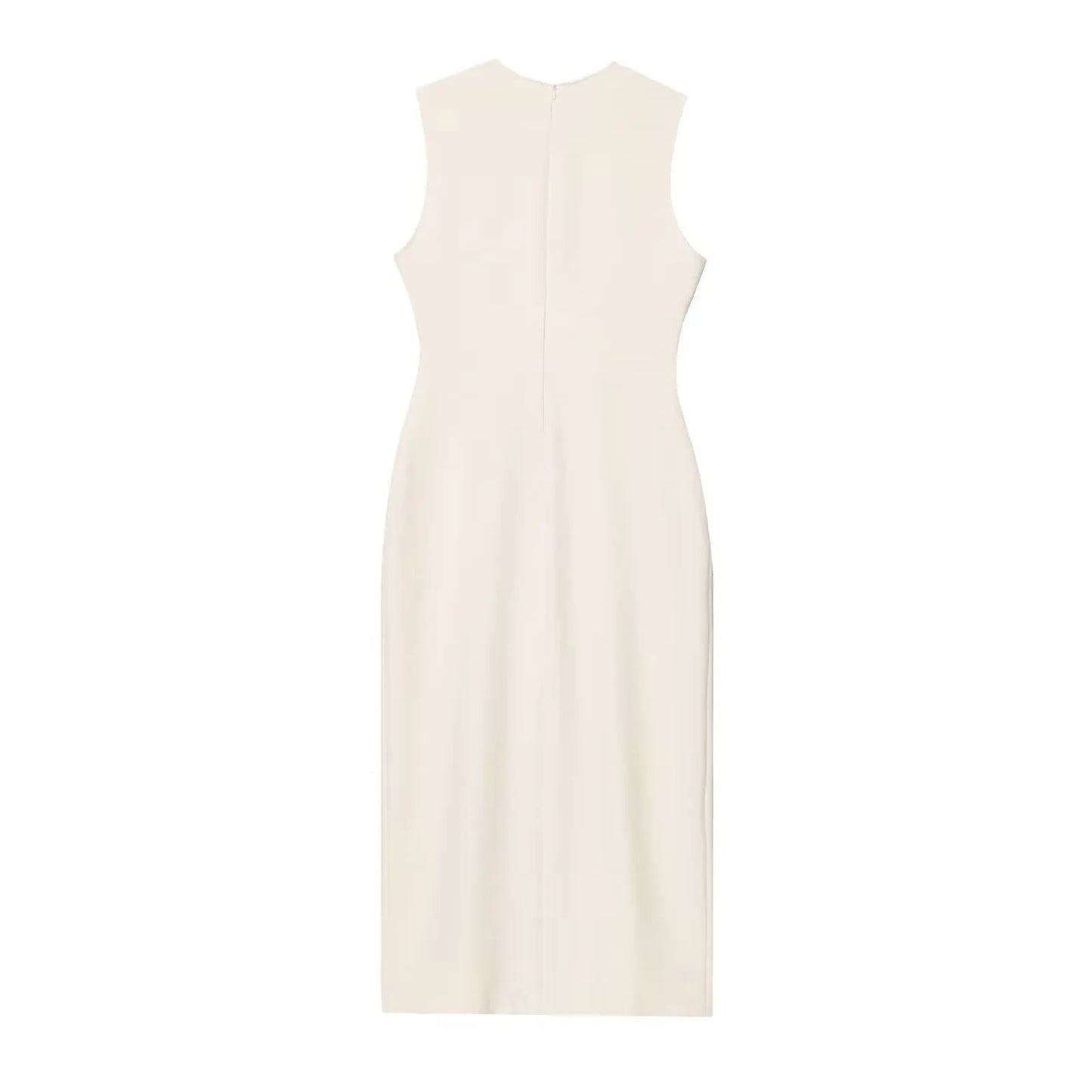 Female Summer Elegant Midi Dress O-Neck Hem Slit With Belt Sleeveless Single Breasted Back Zipper Fashion Long Dress