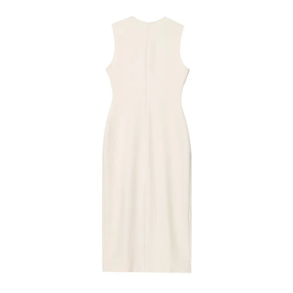 Female Summer Elegant Midi Dress O-Neck Hem Slit With Belt Sleeveless Single Breasted Back Zipper Fashion Long Dress