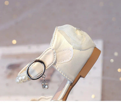 2025Summer Girls Sandals With Heel Fashion Rhinestone Shiny Glitter Shoes Children Princess Bowtie Pearl Dancing Shoes