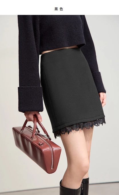 Minimalist Mini Skirt 2025 Winter New Short Wool Warm Skirts For Women Patchwork Lace Casual Solid Clothing Ladies 12544125