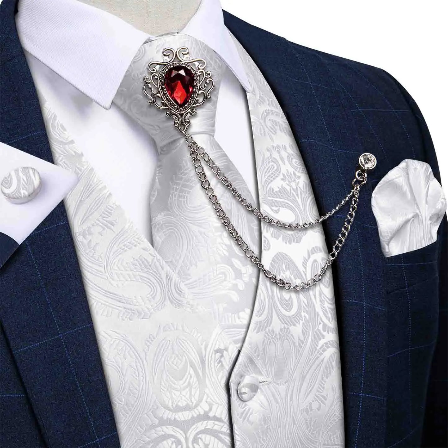New Teal Green Paisley Formal Dress Vest Men's Suit Vest Waistcoat Tie Brooch Pocket Square Set for Tuxedo