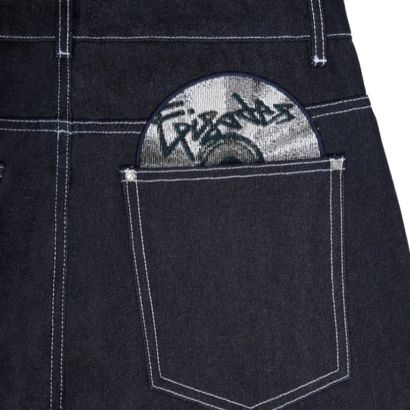 Y2K HipHop Chic Denim Jeans Trendy Disc Embroidered Pattern Retro Straight Leg Pants Casual Simple Streetwear Unisex Baggy Jeans