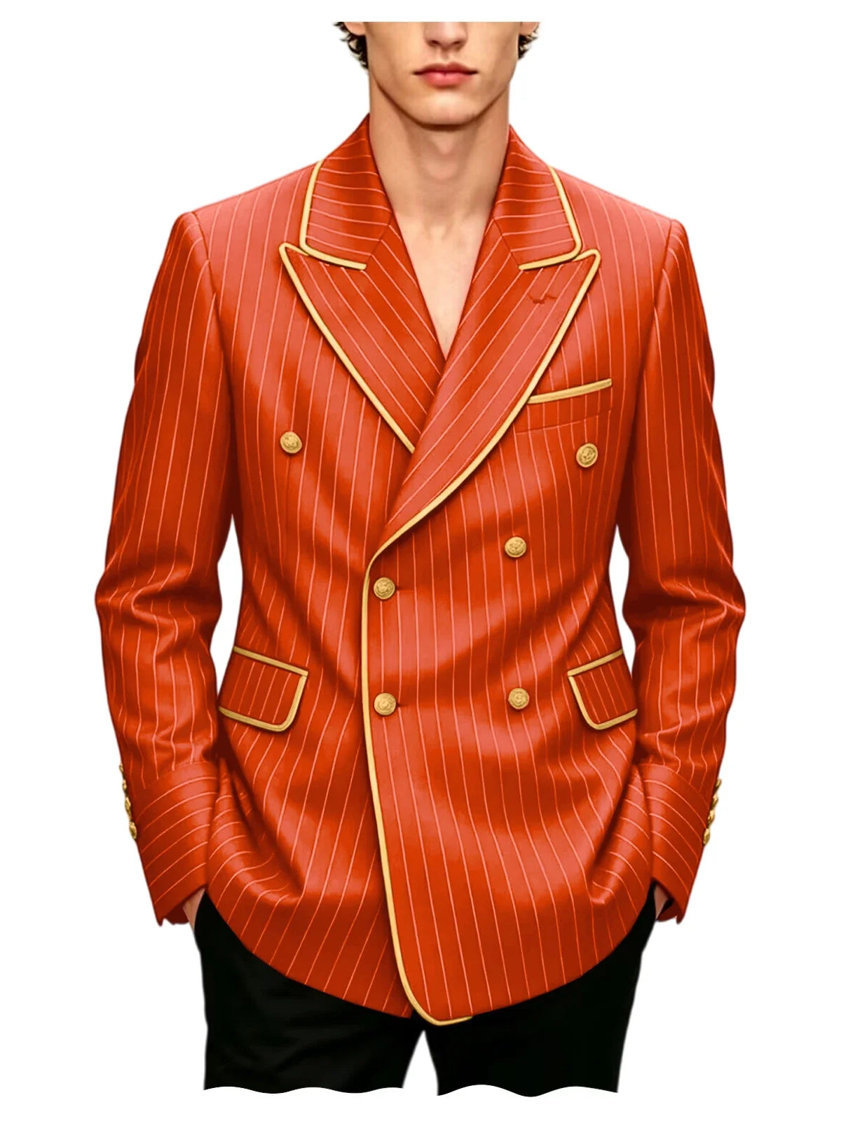 Luxury Men's Pinstripe Blazer Gold Trim Peak Lapel Formal Suit Breathable Lightweight Jacket for Business Party Wedding Coat