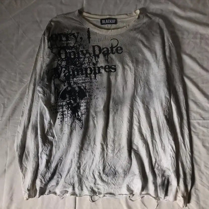 Y2K Men Harajuku Gothic Printing White Long Sleeve Punk Hip Hop T shirt Fashion Gothic Casual Pure Cotton Loose Tops Unisex