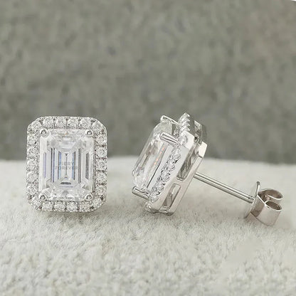0.5/1/2ct Emerald Cut Halo Moissanite Diamond Stud Earrings 925 Sterling Silver Plated 18k Gold Earring Fine Jewelry for Women