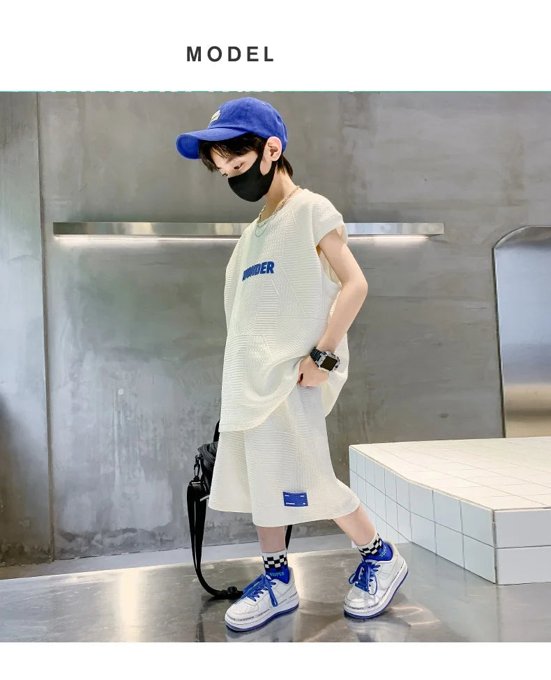 Summer Boys Waffle Alphabet Sleeveless t-Shirt Tops+Short Pants Set School Kids Tracksuit Child 2PCS Outfit Jogger Suit 5-16 Yrs
