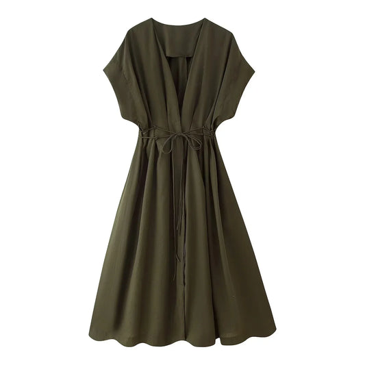 2026 Spring Summer Vintage Women Dress Fashion Single Breasted Sashes Draped V Neck Sleeveless Chic Brown Ladies Dresses