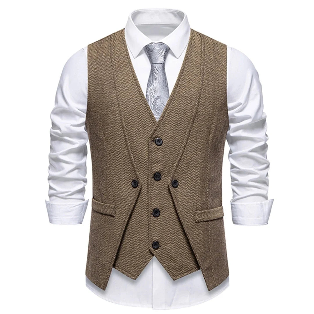 Men Vest Brown Herringbone Single Button V Neck Waistcoat For Wedding Banquet Office Business Work Casual Daily Men Suit Vest