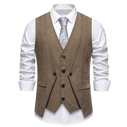Men Vest Brown Herringbone Single Button V Neck Waistcoat For Wedding Banquet Office Business Work Casual Daily Men Suit Vest