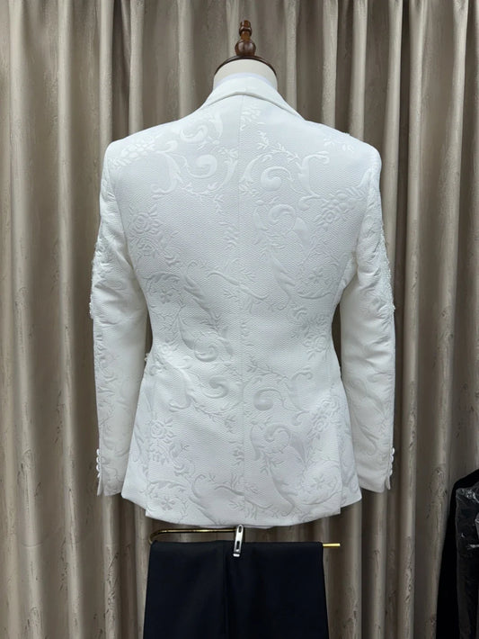 Jacquard White Elegant Beaded Men's Suits 3 Pieces Dancing Wear Plus Size Shawl Lapel Suit Set For Men Autumn Long Sleeve Tuxedo