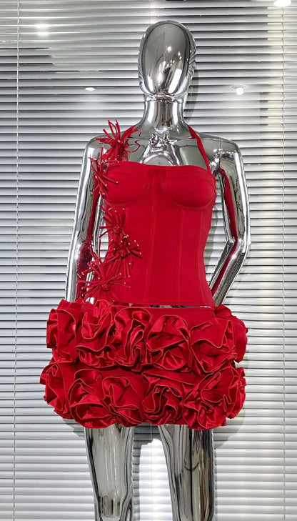 Halter Sleeveless Style Corset Mini Dress with Unique Embellishments for a Special Night Out Evening Gown