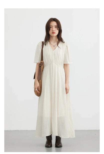 Women Dresses French Style Vintage V-neck Puff Sleeve Long Dress Solid Black Loose Female Clothing Summer New 2023