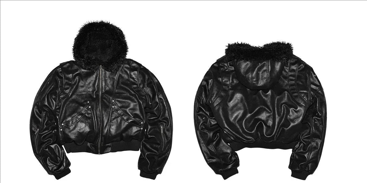 Spring Autumn Cool Short Oversized Thick Warm Pu Leather Jacket Men with Faux Fur Trim Hood Luxury Designer Clothes
