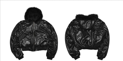Spring Autumn Cool Short Oversized Thick Warm Pu Leather Jacket Men with Faux Fur Trim Hood Luxury Designer Clothes