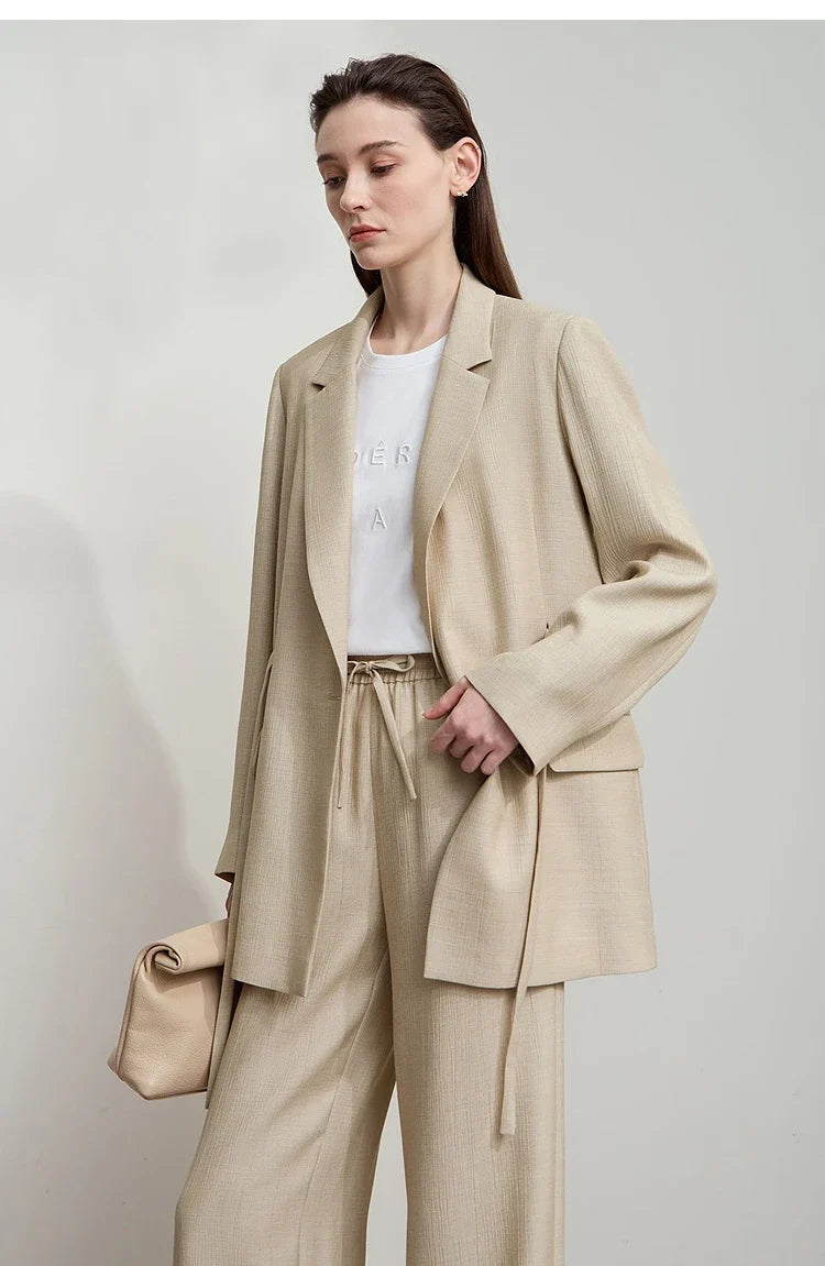 Office Lady Solid Blazers 2025 Autumn New Long Sleeves Loose Coat Notched Business Jacket Belt Women's Clothing 12543025